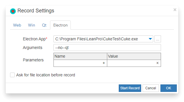 Recording the configuration of CukeTest